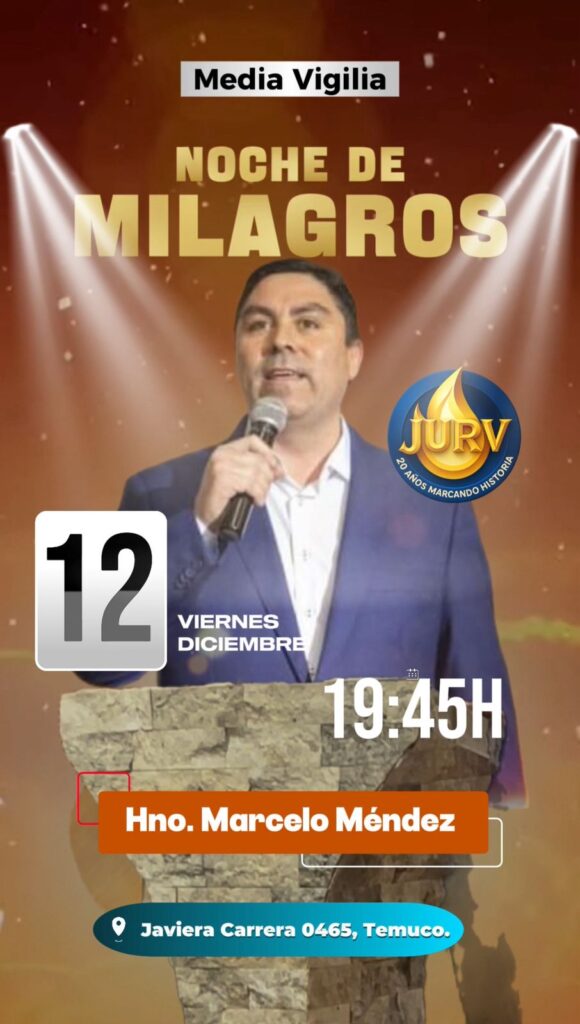 Te invitamos a nuestro último evento del año, un tiempo especial preparado para bendecir tu vida. Creemos que Dios aún tiene mucho que hablar a tu corazón, y queremos cerrar este año escuchando Su voz bajo el tema: “Y Jesús dijo”. 📅 Viernes 12 de diciembre 🕘 19:45 hrs. 📍 Javiera Carrera 0465, Temuco Ven con expectativa, confiando en que el Señor renovará tus fuerzas, traerá dirección y edificación para tu caminar diario. Te esperamos con alegría!